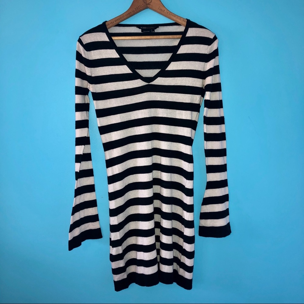 BCBG Maxazria Stripe V Sweater Dress Cashmere Silk Winter Tan Black